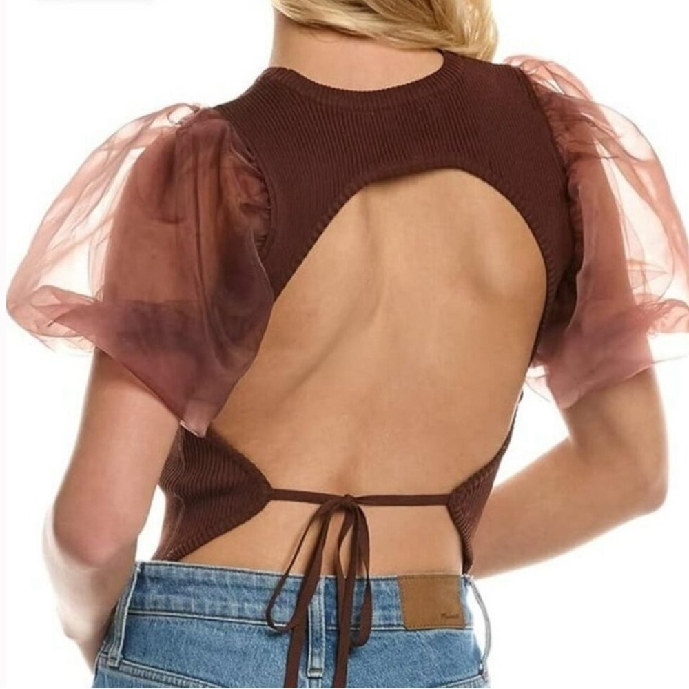 🔥 ASTR brown Rosamund sheer puff sleeves open back top Medium